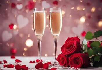  roses background champagne glasses