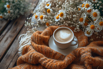A cup of coffee with wool blanket and daisies around on table  - 720784613