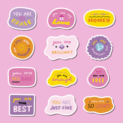 Set of stickers with cute inspirational and compliment quotes for planners, notebooks. Ready for print list of cute stickers. Handwritten lettering love and motivational phrases