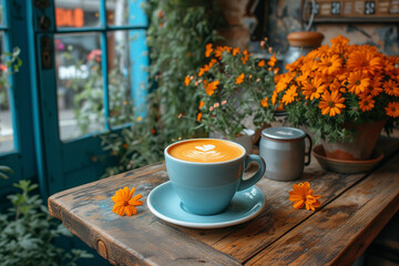 A cup of coffee with orange flowers on a weathered wooden table