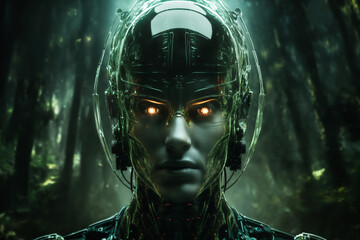 portrait of a male soldier in a military uniform and a glass helmet with a red glow in his eyes, against a forest background at night, green color, science fiction concept and cyber art