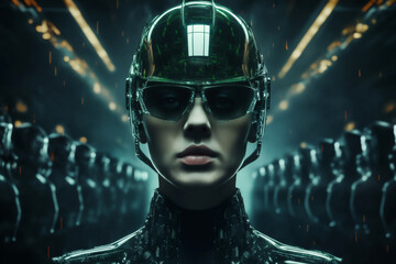 portrait of a female soldier in a military uniform and a glass helmet, against a dark background, green color, science fiction concept and cyber art