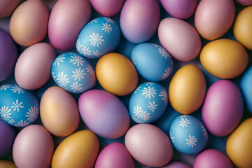 Fototapeta na wymiar Brightly colored Easter eggs arranged on a blue background. The eggs come in various shades of pink, blue, and yellow, and some of them have been decorated with white floral patterns