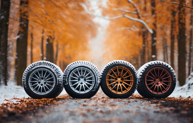 a car wheels on the background of a winter road and a beautiful landscape, a snow-covered forest, a concept of traffic safety on a slippery road