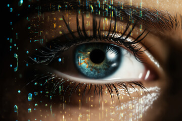 a woman eye closeup with green holography lights particles, dark background, digital future concept