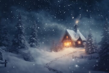 Fototapeta premium village street in winter season decorated for Christmas or New Year holiday, beautiful view of exteriors of houses , snow, sunset, street lights, festive environment