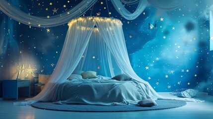 A whimsical bed canopy with star patterns, in a room with night sky blue walls and celestial decor - obrazy, fototapety, plakaty