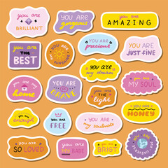 Big set of stickers with cute inspirational and compliment quotes for planners, notebooks. Ready for print list of cute stickers. Handwritten lettering love and motivational phrases