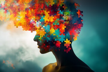 Neurodiversity concept. A Brain from colorful puzzle pieces. - obrazy, fototapety, plakaty