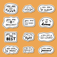 Set of stickers with cute doodle inspirational and compliment quotes for planners, notebook. Ready for print list of cute stickers. Handwritten lettering love and motivational phrases
