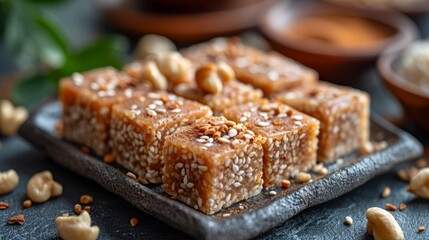 Sesame halva sprinkled with sesame seeds. Traditional oriental sweets. Concept of homemade confectionery, nutty fudge treats, artisanal dessert crafting, and sweet indulgence. - obrazy, fototapety, plakaty