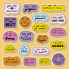 Set of stickers with cute doodle inspirational and compliment quotes for planners, notebook. Ready for print list of cute stickers. Handwritten lettering love and motivational phrases