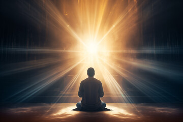 Man meditating in a temple with bright sunlight rays. 