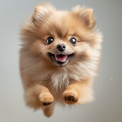 Obraz premium adorable little Pomeranian pup jumping in the studio