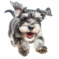 schnauzer puppy jumping around in the studio
