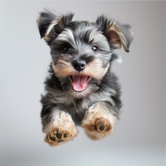 schnauzer puppy jumping around in the studio