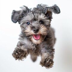 schnauzer puppy jumping around in the studio
