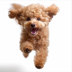 ginger toy poodle puppy jumping in the studio