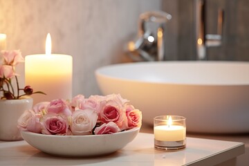 Obraz na płótnie Canvas candles and rose petals. spa. bathroom