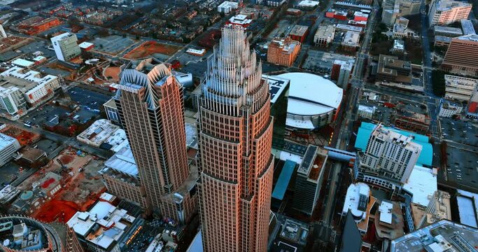 Bank of America Corporate Center top view. Amazing building in the scenery of Charlotte, NC, USA.
