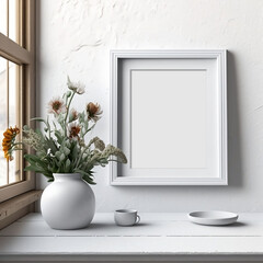 Interior wall white frame mockup with luxury decor in modern living room, entry hall. Generative AI.