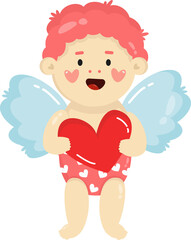 Kawaii cartoon vector cupid, little angel or amur. Cute happy little kids with heart in his hands. PNG on transparent background