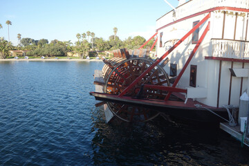 Modernized Historic recreational steamer waiting for tourists at Santa Barbara Cove, Mission Bay,...