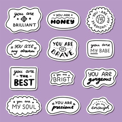 Set of stickers with cute doodle inspirational and compliment quotes for planners, notebook. Ready for print list of cute stickers. Handwritten lettering love and motivational phrases