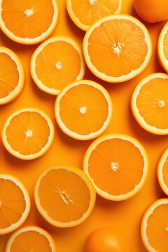 Vibrant Sliced Oranges on Orange Background AI Generated
