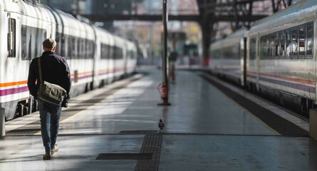 Estación de tren con trenes en las vías y con un hombre con gorra caminado por el anden