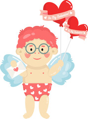 Cute cartoon little cupid angel, baby boy, child or amur with hearts. Valentines day romantic love concept. Vector kawaii characters. PNG on transparent background
