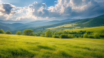 Obraz premium beautiful countryside of romania. sunny afternoon. wonderful springtime landscape in mountains. grassy field and rolling hills. rural scener