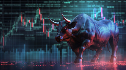 Financial market bull standing in front of background of price charts. - obrazy, fototapety, plakaty