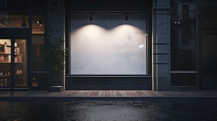 Blank mock up of store street showcase window in a city at night - obrazy, fototapety, plakaty
