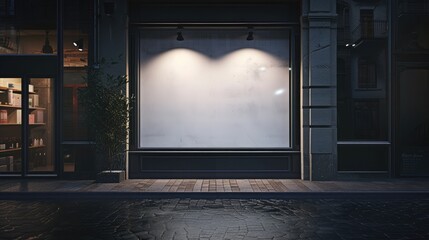 Blank mock up of store street showcase window in a city at night