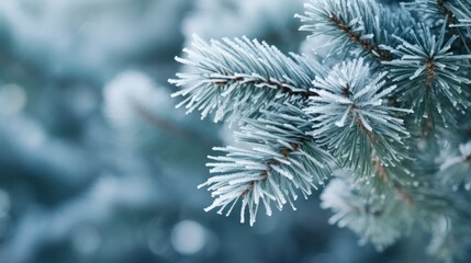 Fir tree branch covered with hoarfrost. Winter background. Generative AI
