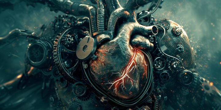A complex mechanical heart with gears and cogs, integrated within a human chest, in a fusion of biology and mechanics.