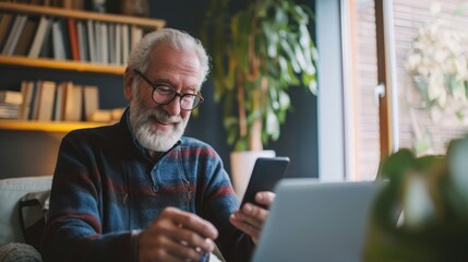 Handsome smiling senior man wearing glasses using mobile phone while sitting at his cozy workplace with laptop at home, retired male chatting with friends in social media