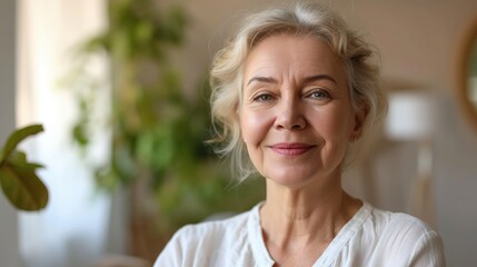 Head shot portrait happy beautiful retired woman. Mature female advertises professional services of dental clinic smile look at camera. Carefree life on retirement