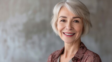 Head shot portrait happy beautiful retired woman. Mature female advertises professional services of dental clinic smile look at camera. Carefree life on retirement