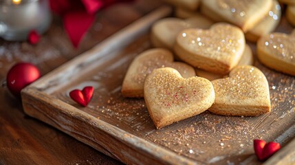 Fototapeta na wymiar Glazed heart-shaped cookies with a dusting of edible glitter generative ai