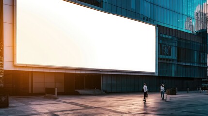 Large horizontal blank advertising poster billboard banner mockup in front of building in urban city; digital light box display screen
