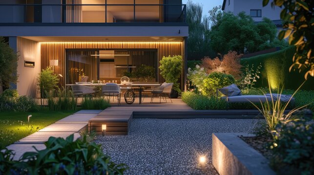 Lounge and Dining Area at Modern Residential Backyard Decorated with Outdoor Lights, Plants, Garden Table and Chairs.