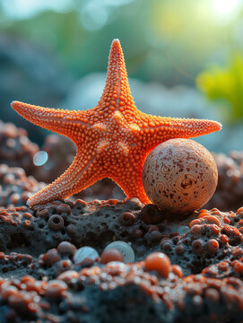 A Photo of a Starfish Playing with a Ball in Nature