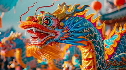 Fototapeta na wymiar Dragon dancers in mid-performance, their vibrant colors and movements creating a dynamic and lively scene perfect for New Year's messages
