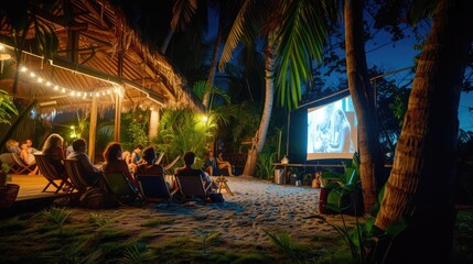 outdoor cinema film in a tropical garden