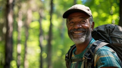 Fototapeta premium Portrait, black man and hiking in forest, exercise and fitness for wellness, healthy lifestyle and smile.