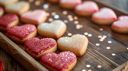 Obraz na płótnie Canvas Glazed heart-shaped cookies with a dusting of edible glitter generative ai