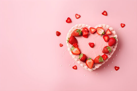 Red heart shaped cake with cream and decorated with fresh strawberries for St. Valentine's, Women's, Mother's Day, Birthday on pink background with copy space. Celebration concept. Love and romantic