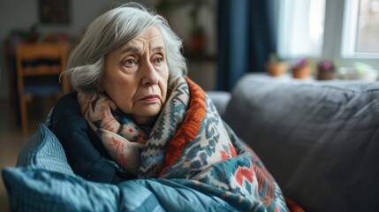 Sad tired ill sick lonely disappointed caucasian old elderly senior woman grandmother sitting on the sofa couch - obrazy, fototapety, plakaty